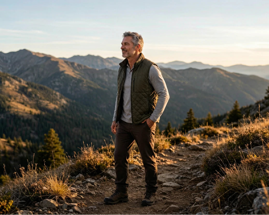 Robert Mitchell, 58, standing on a mountain hiking trail