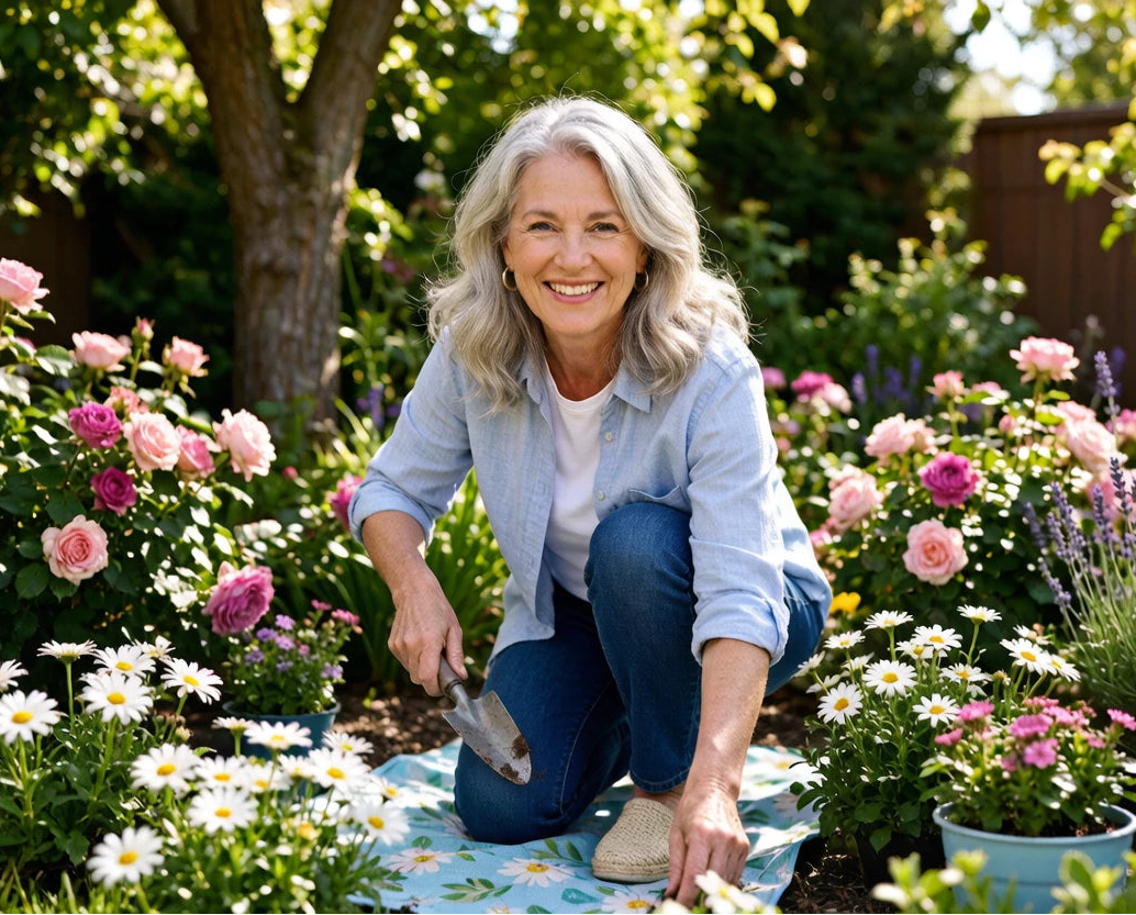 Margaret Collins, 56, smiling while gardening among colorful flowers