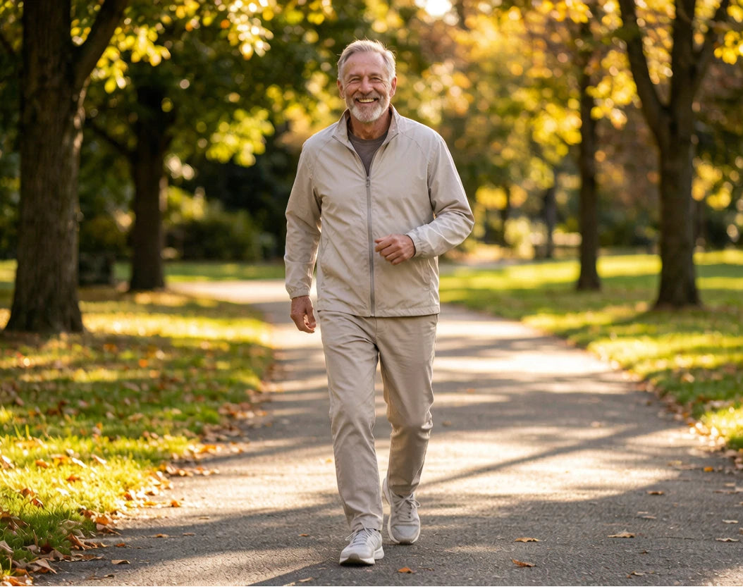 Active older man walking happily in a sunny park