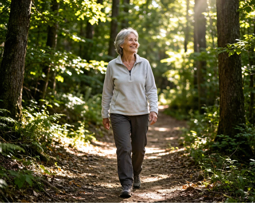 Active older woman walking on a forest nature trail, joyful expression