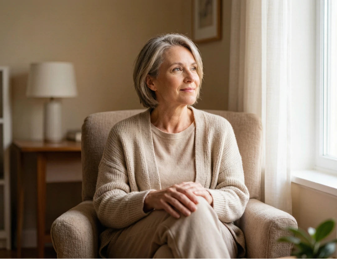 Woman with knee pain sitting in an armchair, hopeful expression
