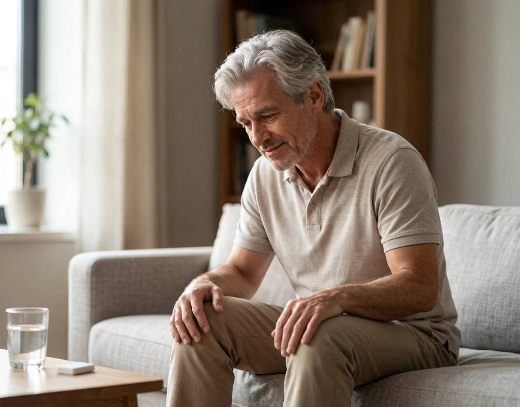Man with knee pain sitting at home, hopeful expression